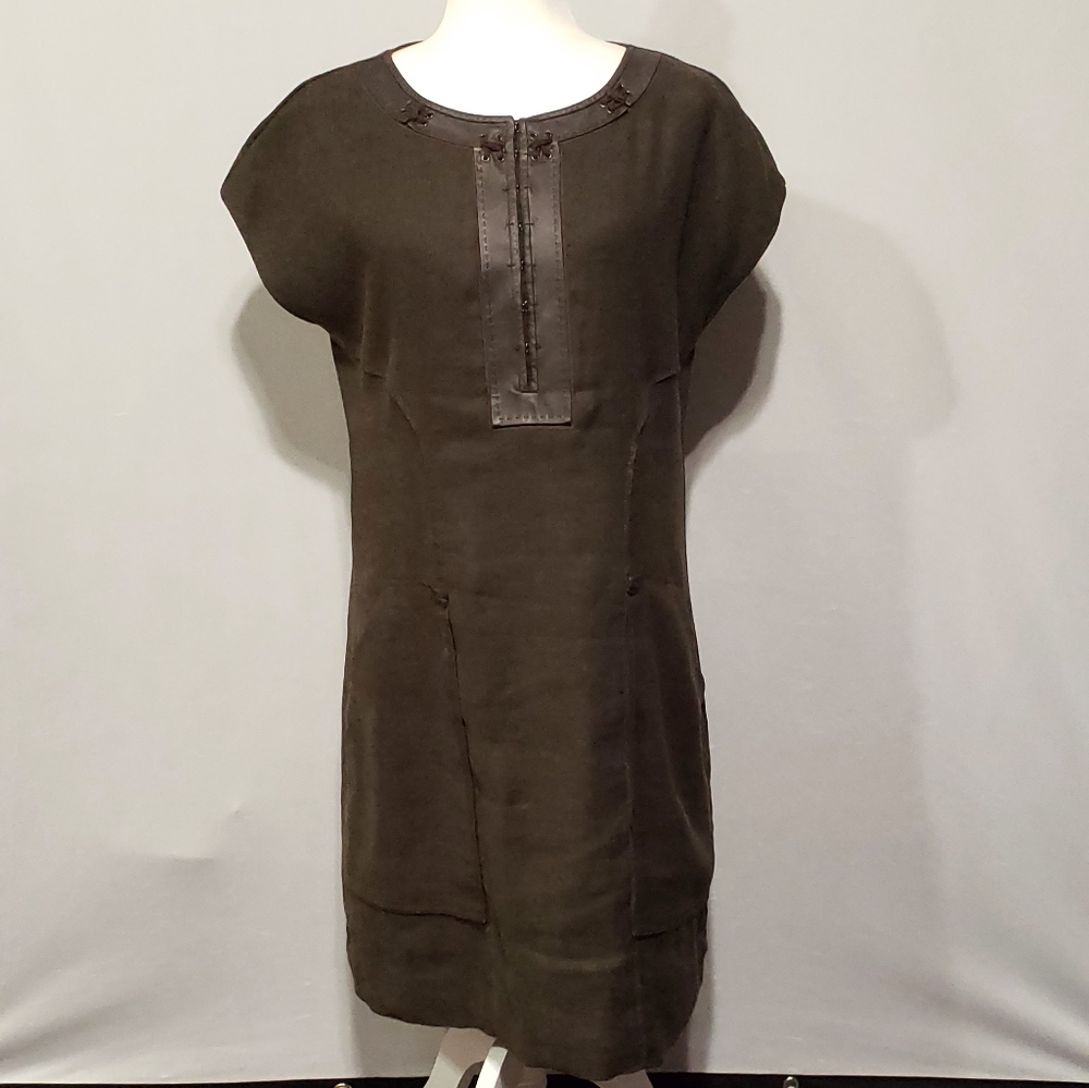 Elie Tahari Leather Trim Linen Cap Sleeve Dress